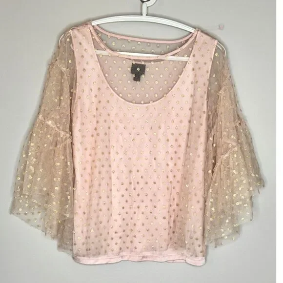 Pink Gold Polka Dot Sheer Bell Sleeve Romantic Fairy Fairycore top L - Picture 2 of 7